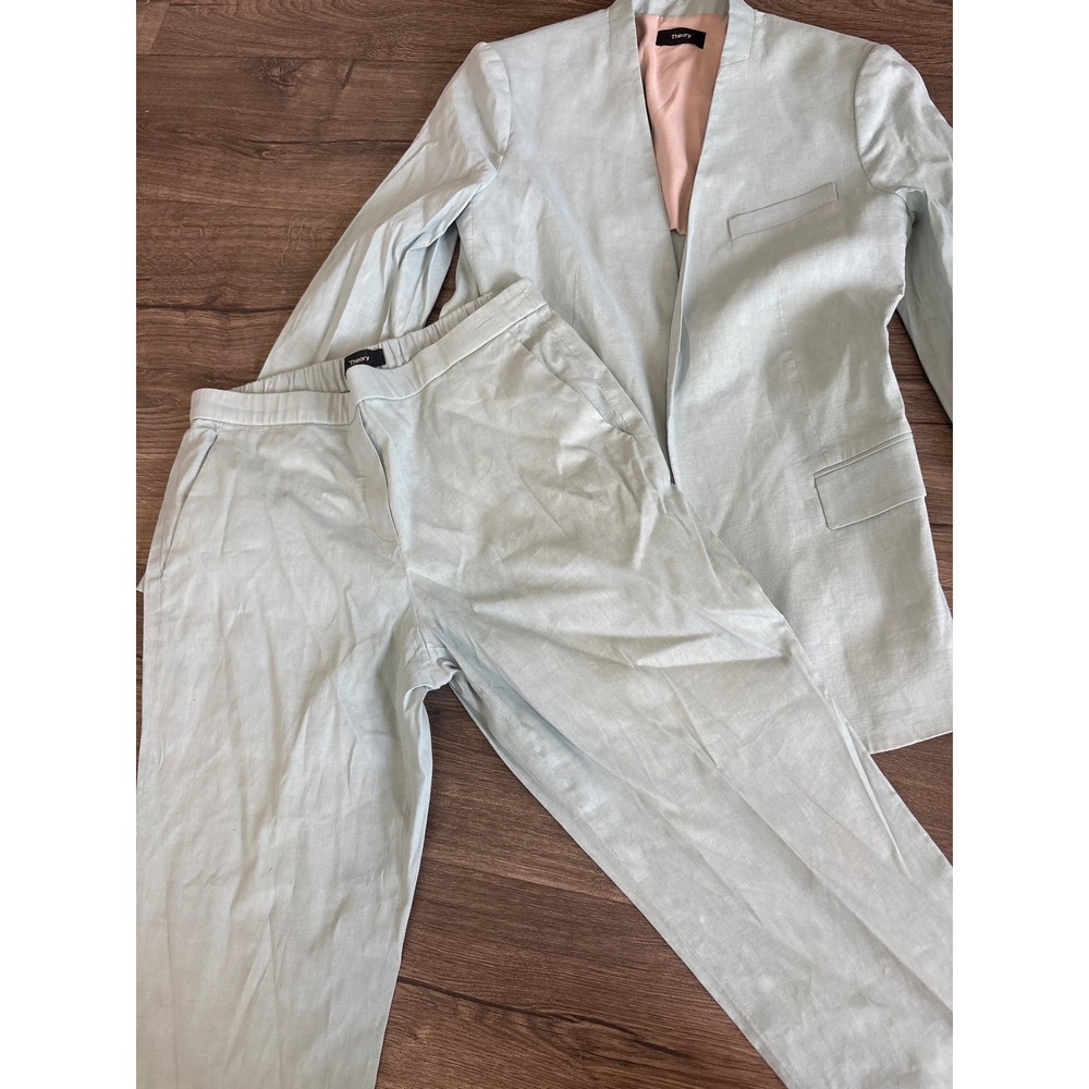 Theory Womens Linen Suit Set Seafoam Green Eco Crunch Jacket 6 Treeca Pants 6 - Picture 7 of 12